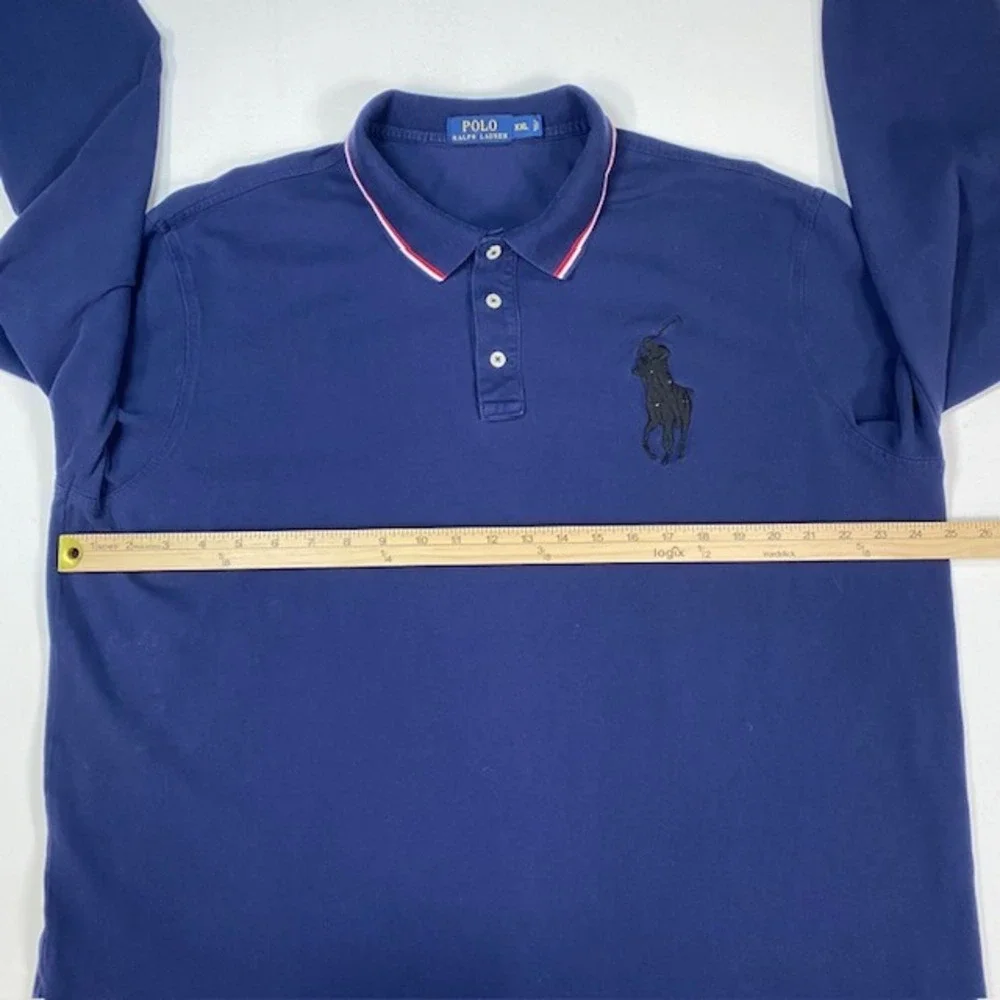 Polo Ralph Lauren Mens XXL Navy Blue Big Pony Long Sleeve Polo Tipped Trim - Picture 5 of 10